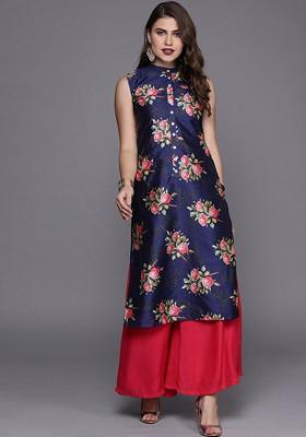 Blue Floral Print Georgette Straight Kurta