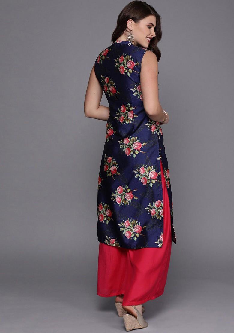 Blue Floral Print Georgette Straight Kurta