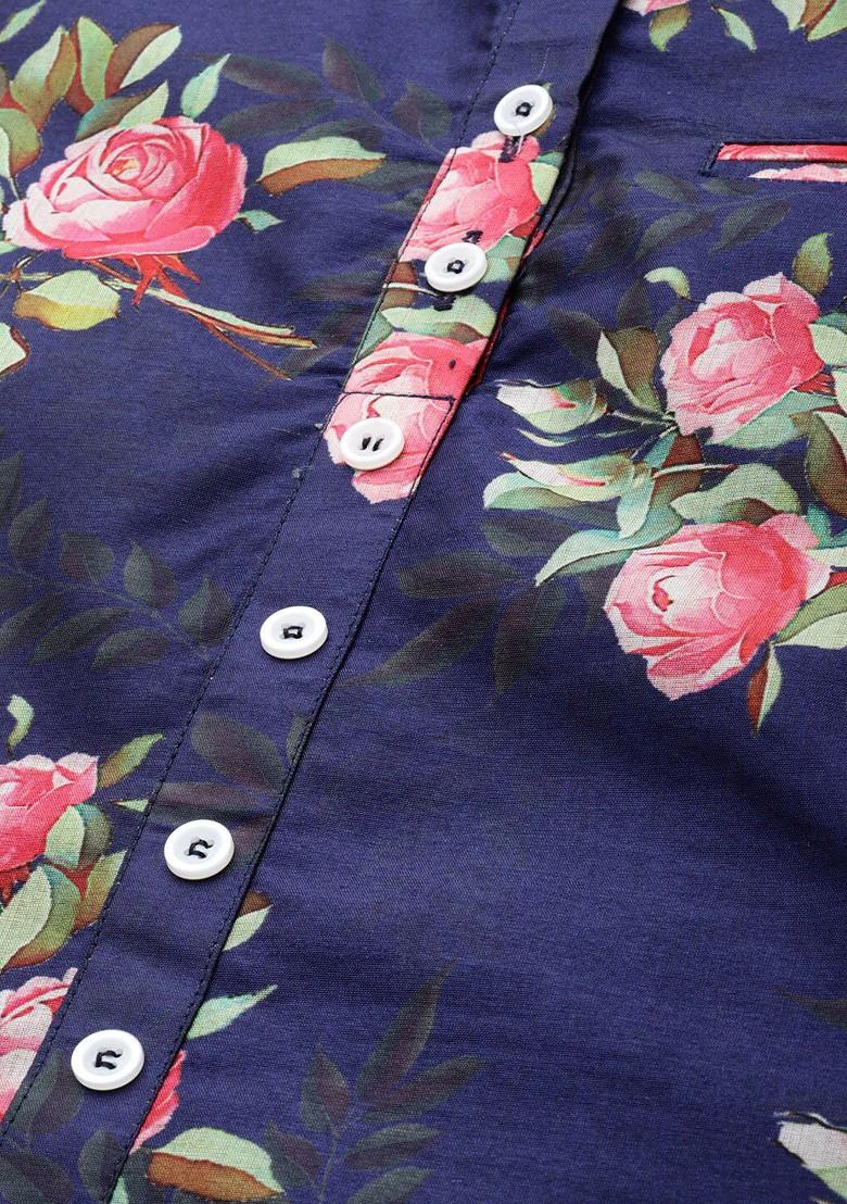 Blue Floral Print Georgette Straight Kurta