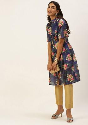 Blue Floral Print Poly Blend Kurta