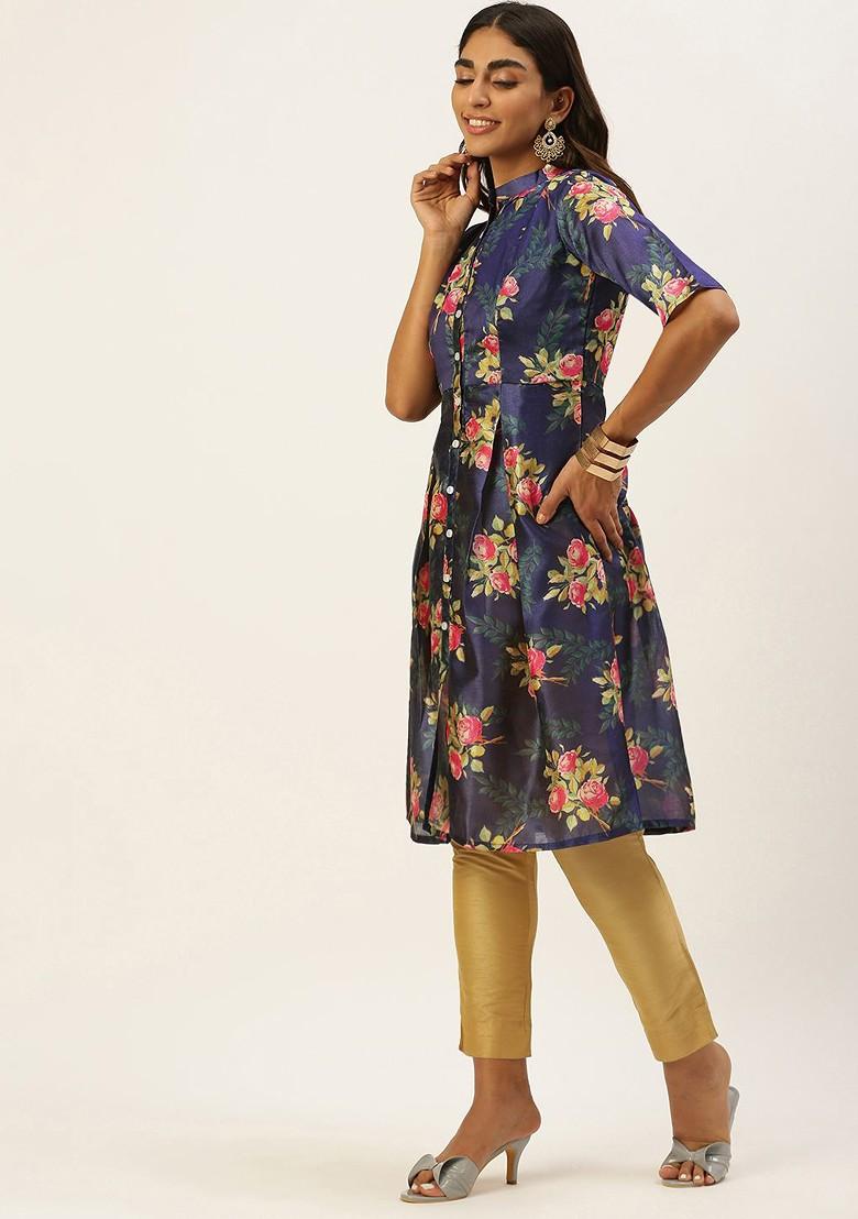 Blue Floral Print Poly Blend Kurta