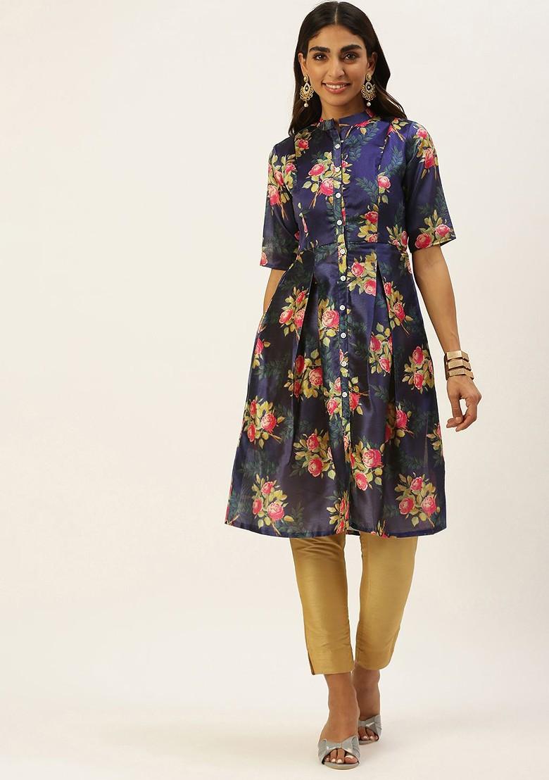 Blue Floral Print Poly Blend Kurta
