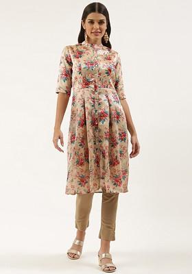 Beige Floral Print Poly Blend Kurta
