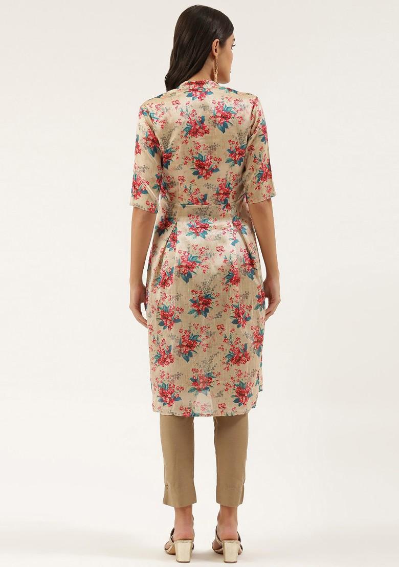 Beige Floral Print Poly Blend Kurta