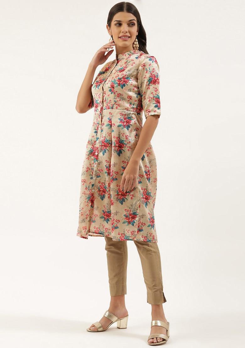 Beige Floral Print Poly Blend Kurta