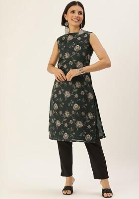 Green Floral Print Poly Blend Kurta