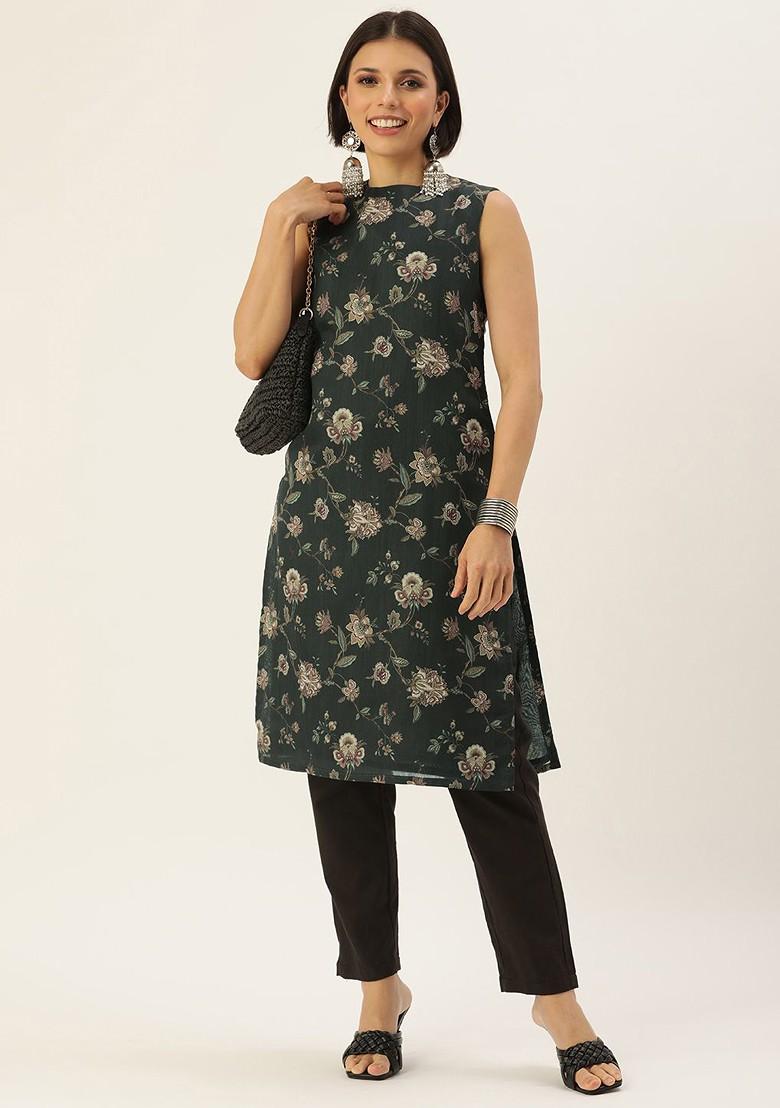 Green Floral Print Poly Blend Kurta