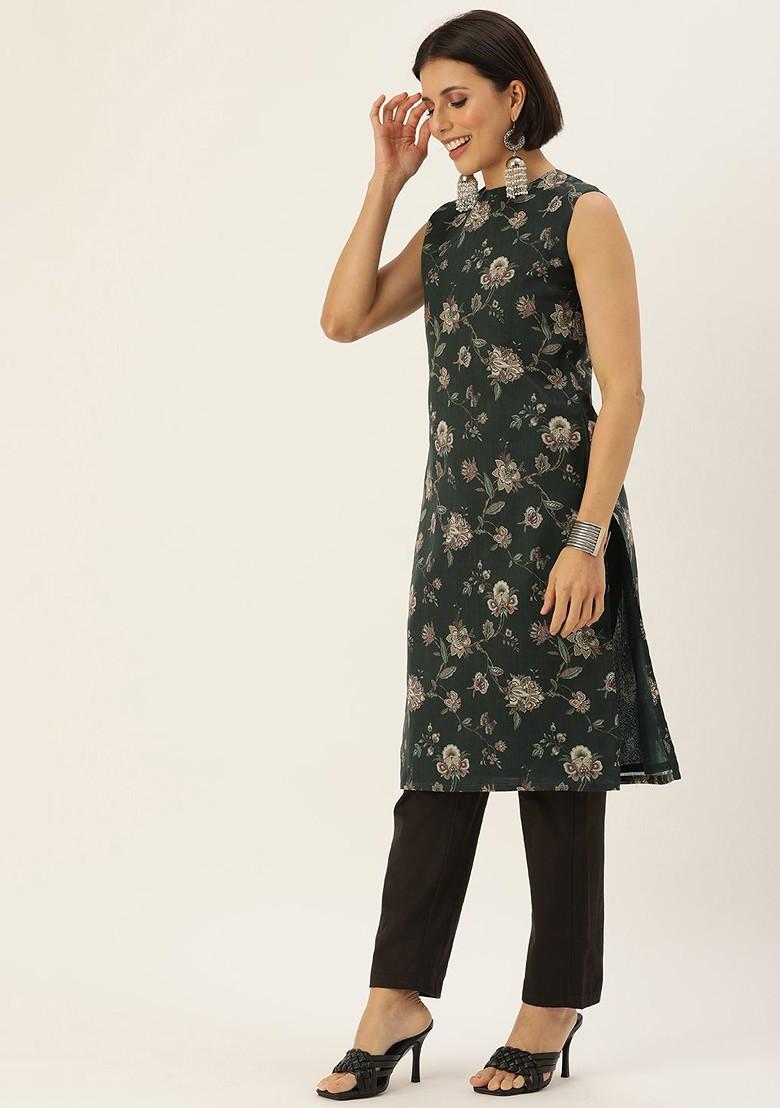 Green Floral Print Poly Blend Kurta