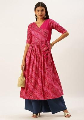 Pink Bandhani Print Poly Blend Kurta