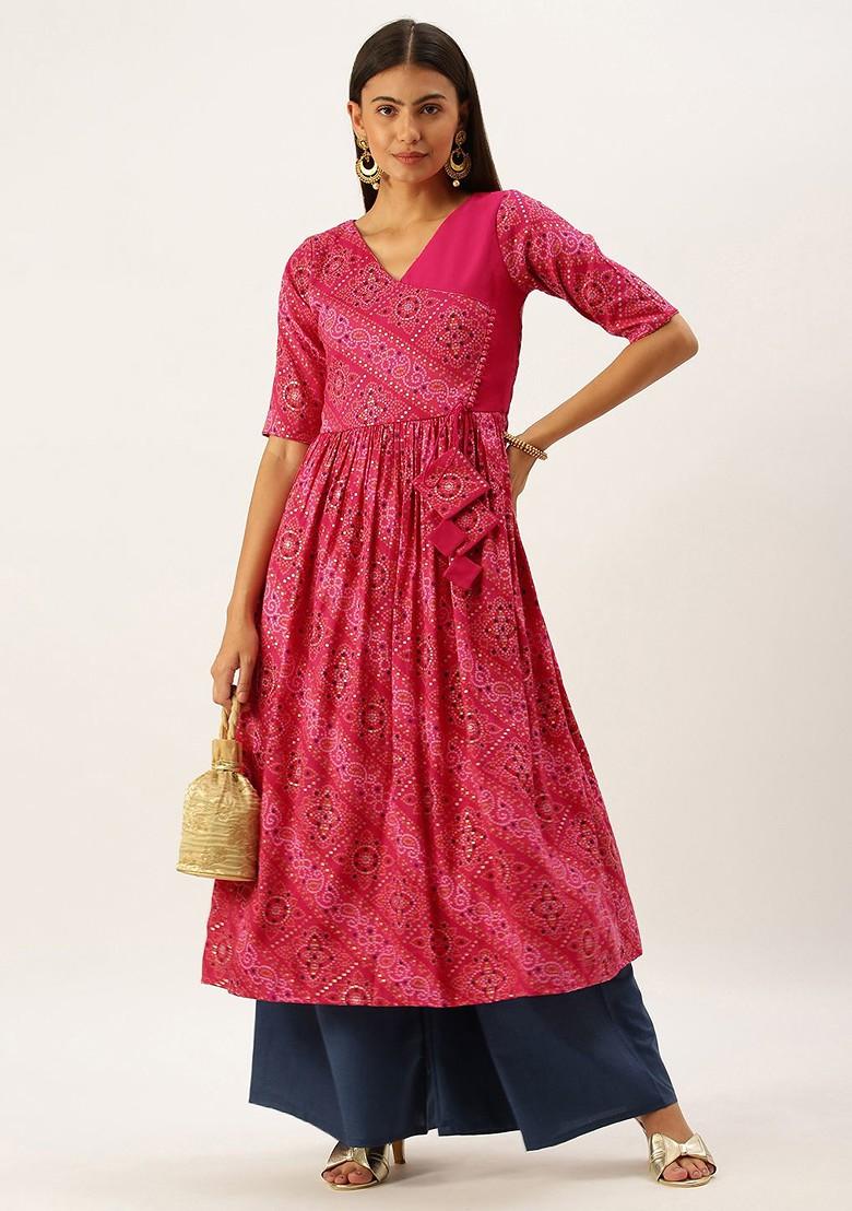 Pink Bandhani Print Poly Blend Kurta