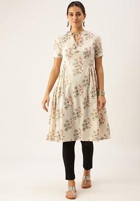 Beige Floral Print Poly Blend Kurta