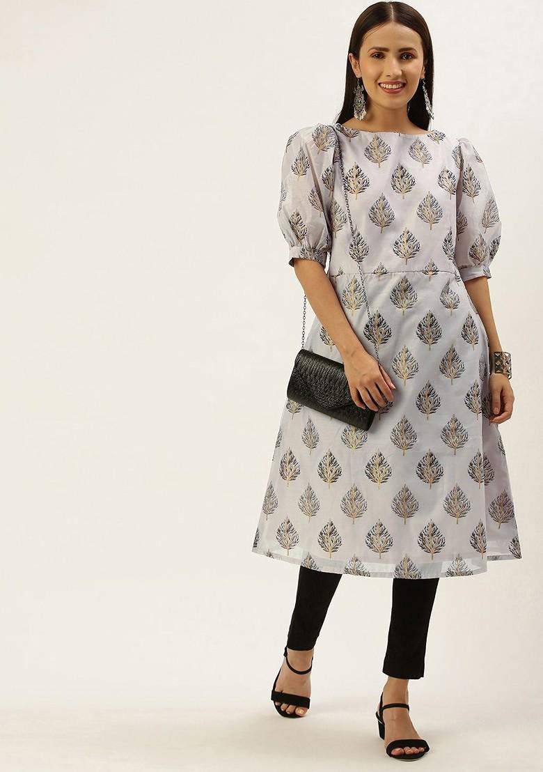 Lavender Floral Print Poly Blend Anarkali Kurta