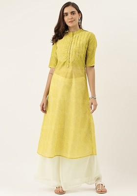 Green Printed Poly Blend A-Line Kurta