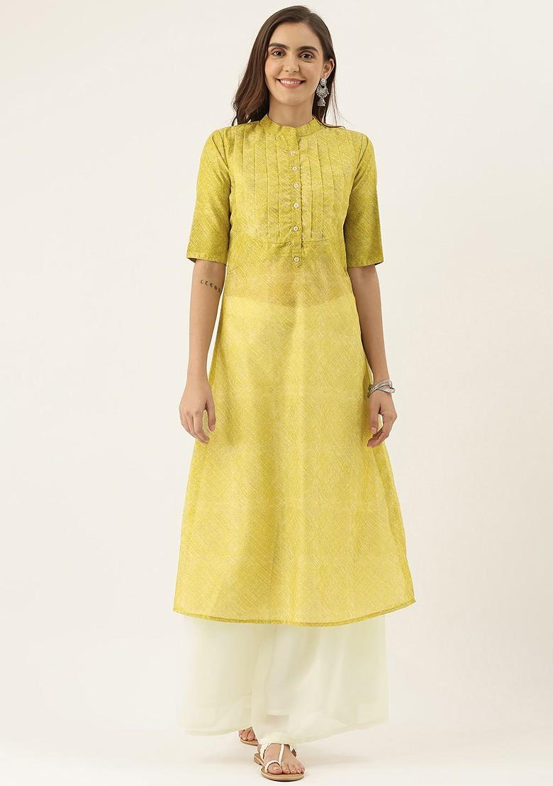 Green Printed Poly Blend A-Line Kurta
