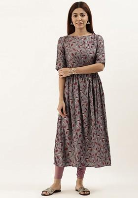 Grey Floral Print Poly Blend A-Line Kurta