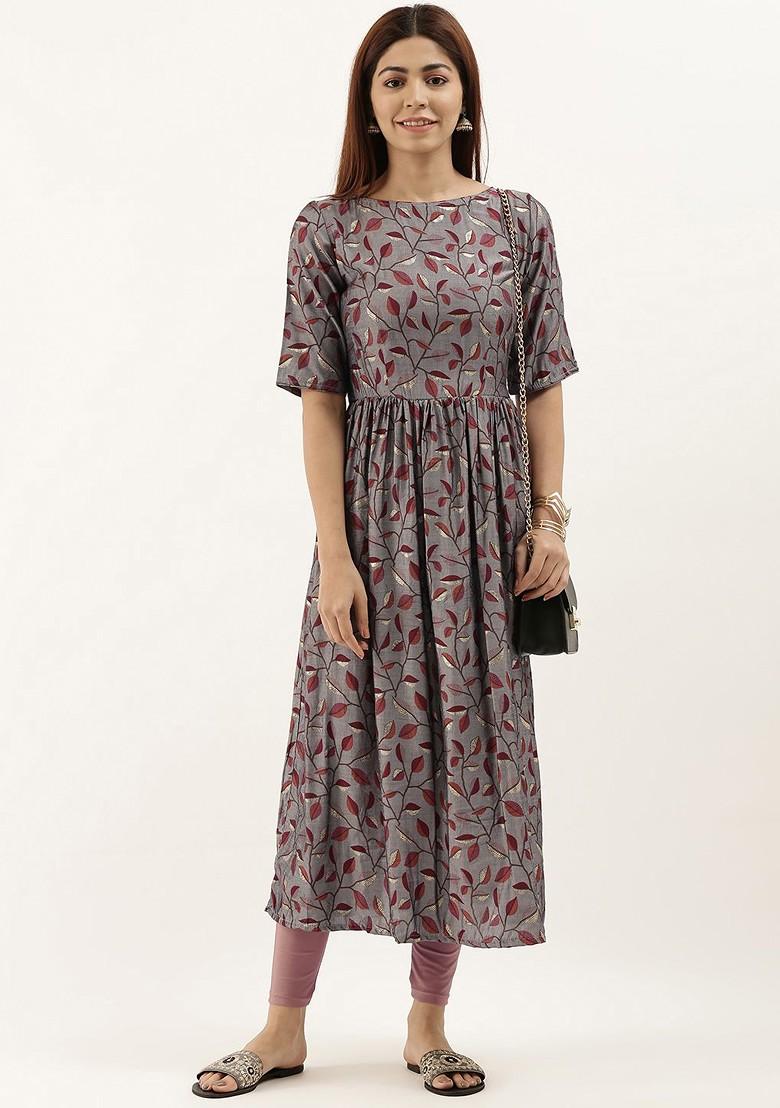 Grey Floral Print Poly Blend A-Line Kurta