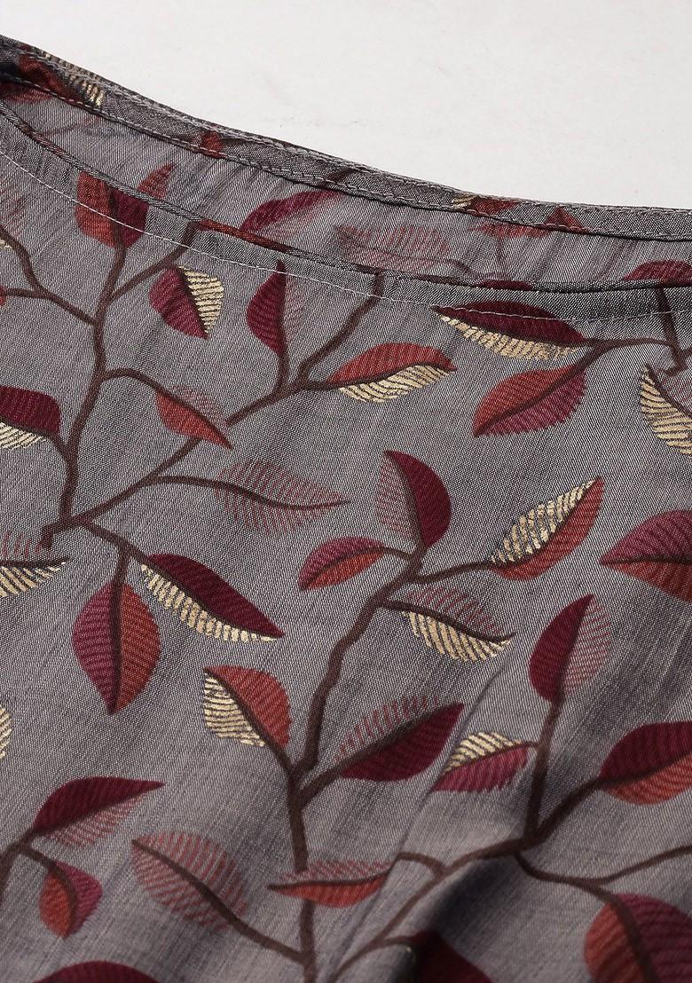 Grey Floral Print Poly Blend A-Line Kurta