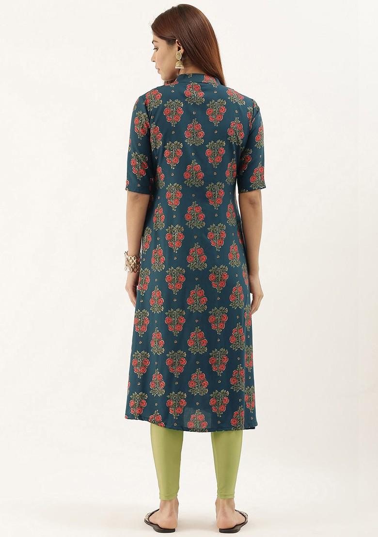 Teal Floral Print Poly Blend A-Line Kurta