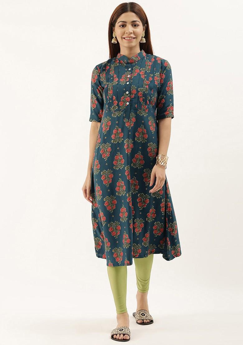Teal Floral Print Poly Blend A-Line Kurta