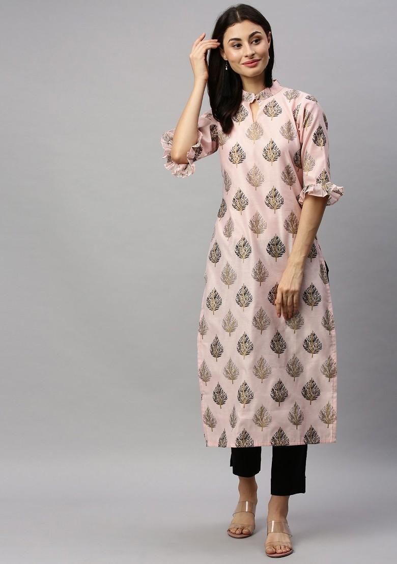 Pink Foil Print Poly Blend Straight Kurta