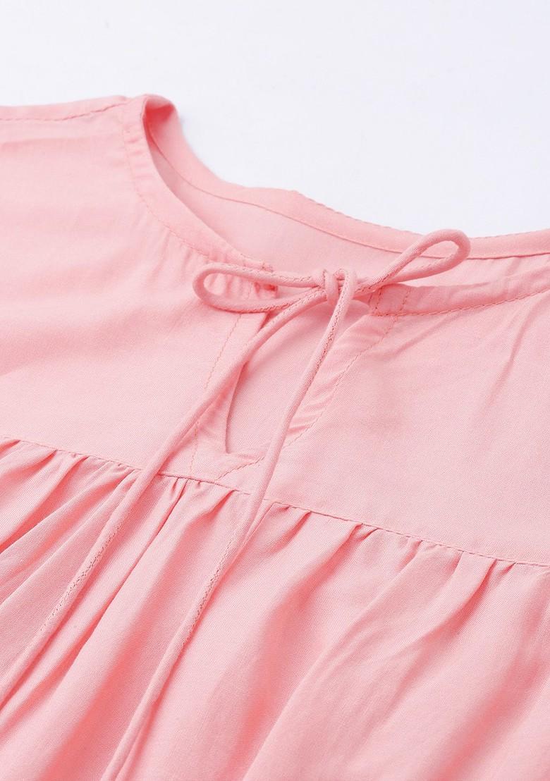 Pink Solid Poly Blend A-Line Kurta