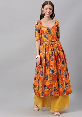 Yellow Printed Poly Blend A-Line Kurta