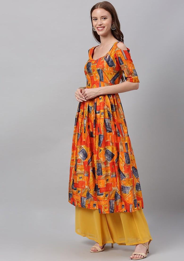 Yellow Printed Poly Blend A-Line Kurta