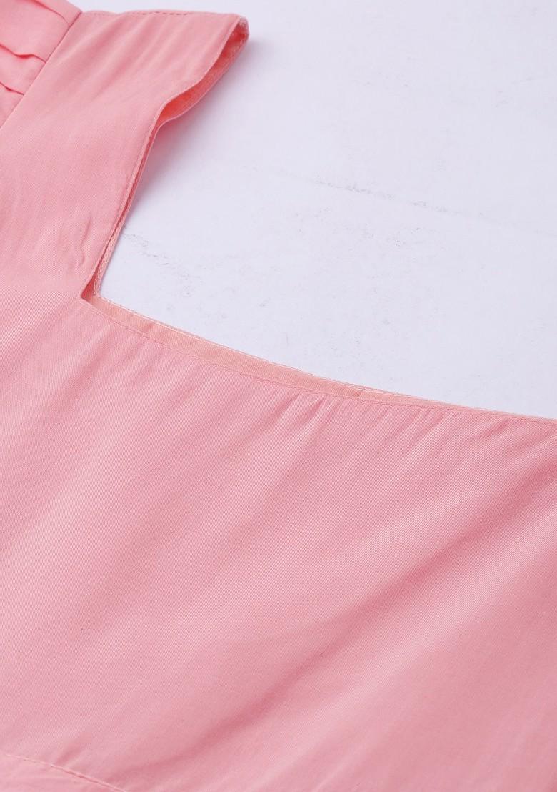 Pink Solid Poly Blend A-Line Kurta