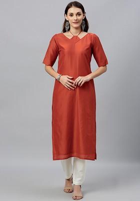 Brown Solid Poly Blend Straight Kurta