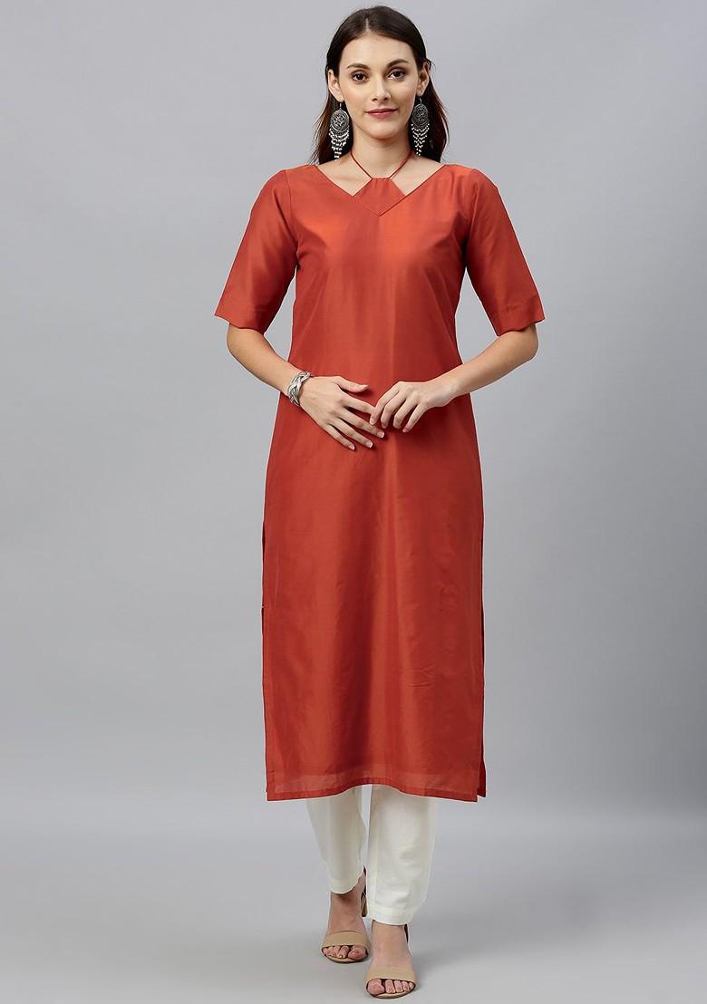 Brown Solid Poly Blend Straight Kurta