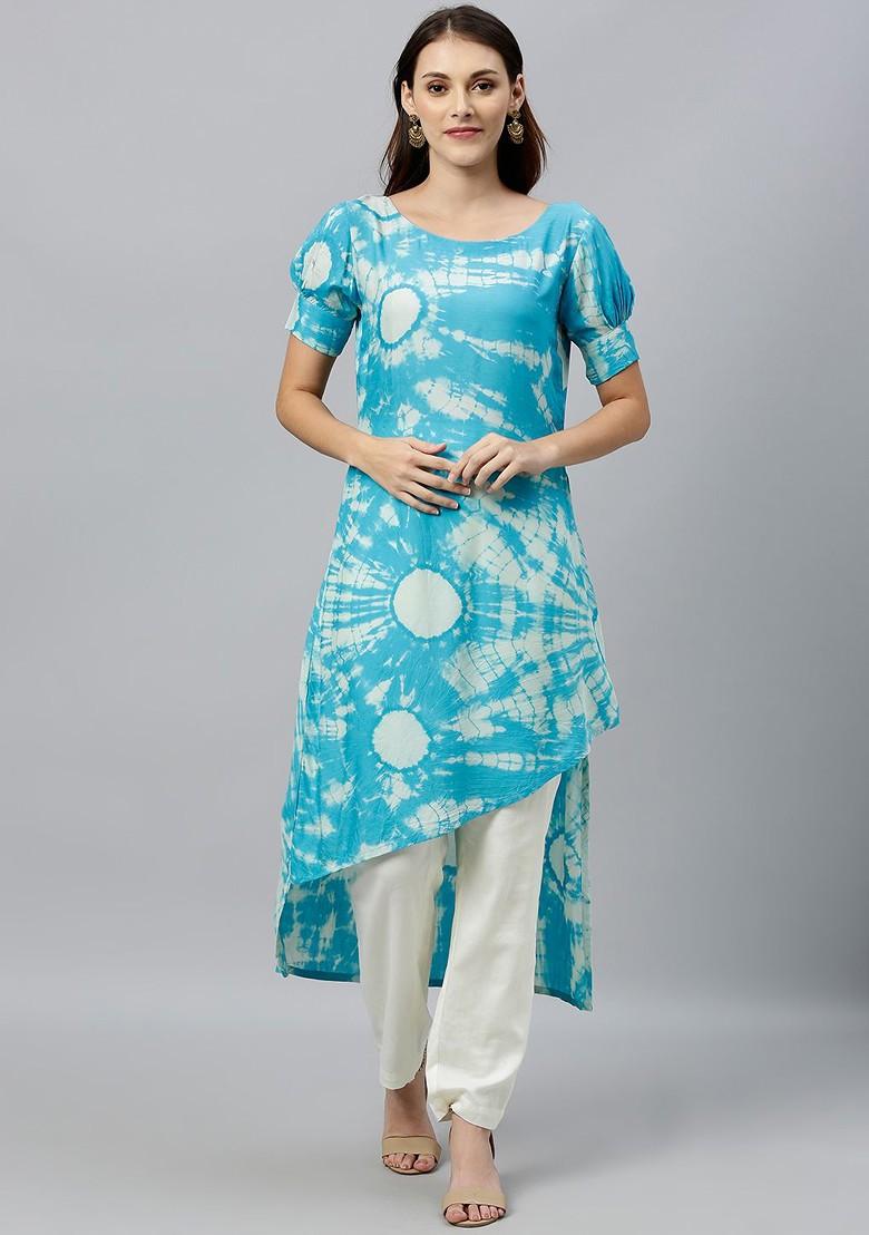 Blue Solid Poly Blend Straight Kurta