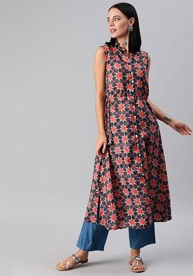 Navy Blue Printed Poly Blend A-Line Kurta