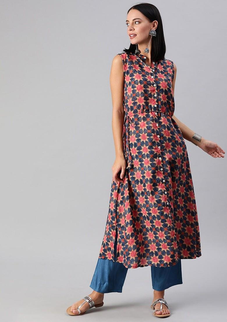 Navy Blue Printed Poly Blend A-Line Kurta