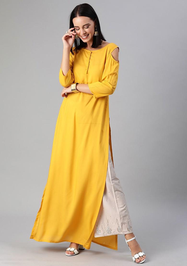 Yellow Solid Poly Blend Straight Kurta