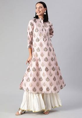 Pink Foil Print Poly Blend Straight Kurta