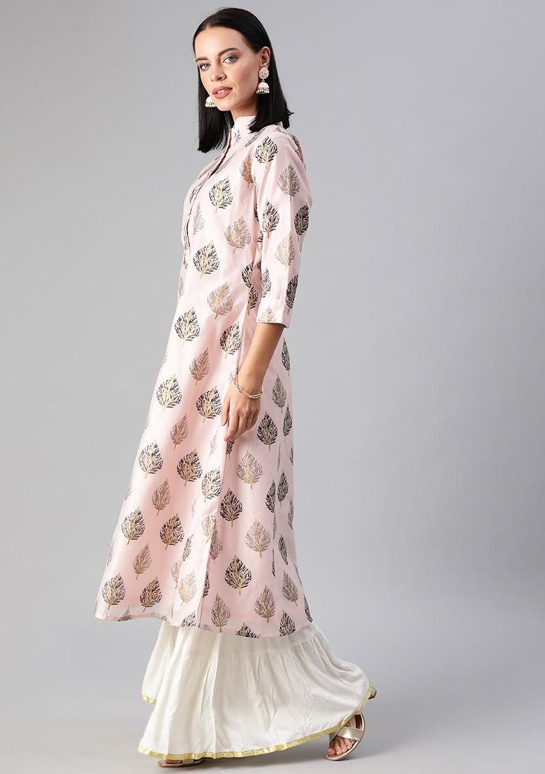 Pink Foil Print Poly Blend Straight Kurta