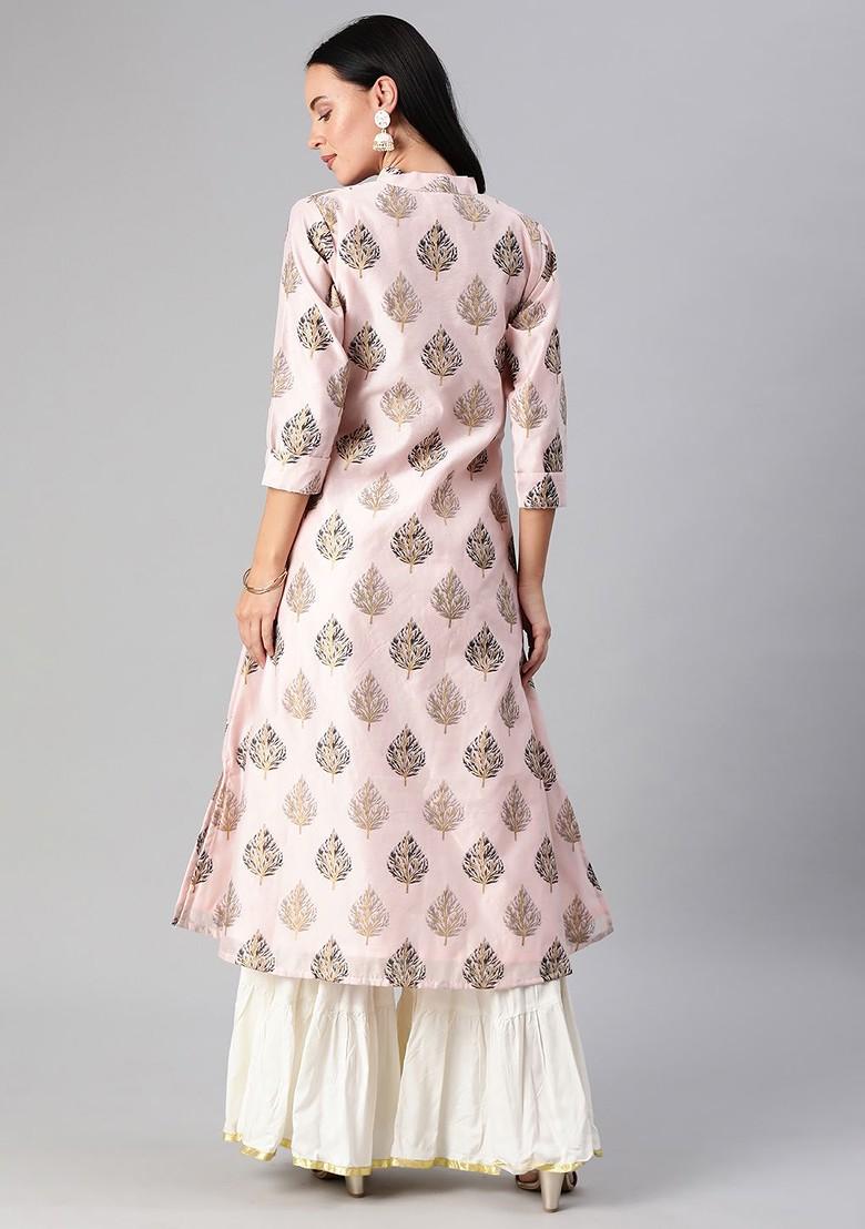 Pink Foil Print Poly Blend Straight Kurta