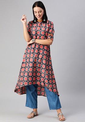 Navy Blue Printed Poly Blend A-Line Kurta