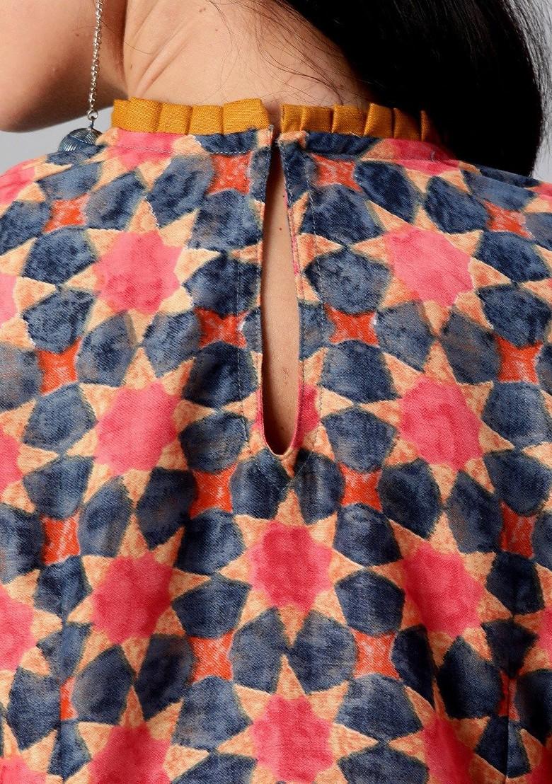 Navy Blue Printed Poly Blend A-Line Kurta