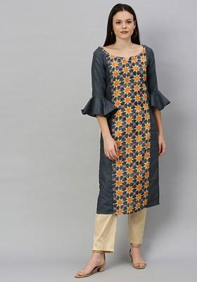 Grey Printed Poly Blend Straight Kurta