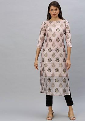 Pink Printed Poly Blend Straight Kurta
