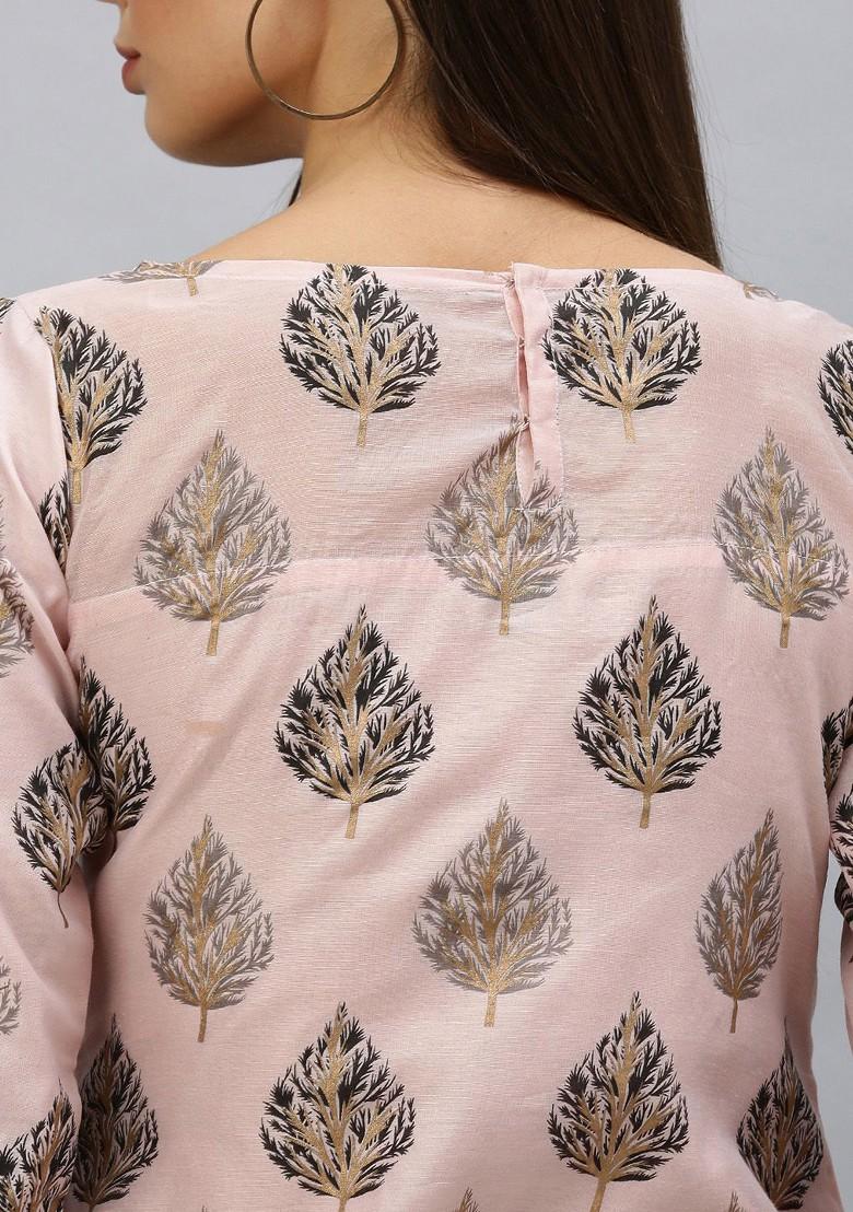 Pink Printed Poly Blend Straight Kurta