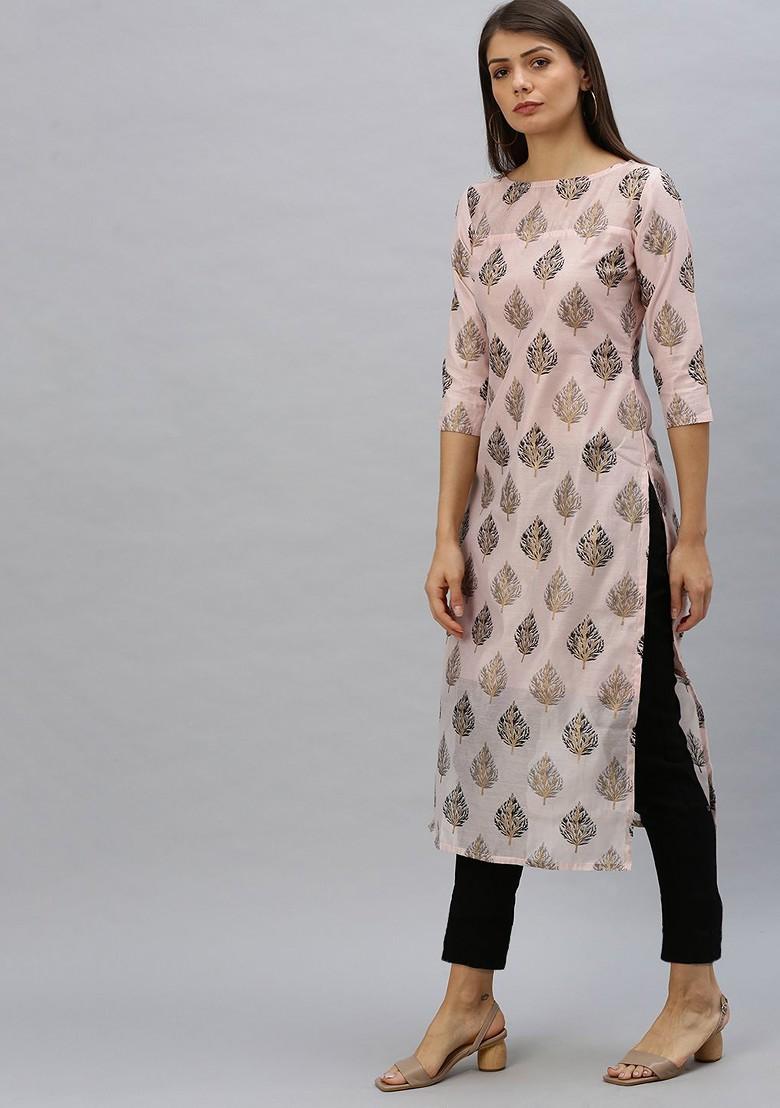 Pink Printed Poly Blend Straight Kurta