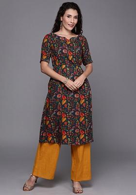 Teal Printed Poly Blend Straight Kurta