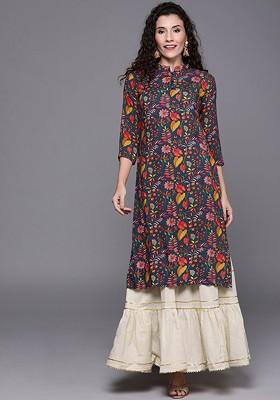 Blue Printed Poly Blend A-Line Kurta