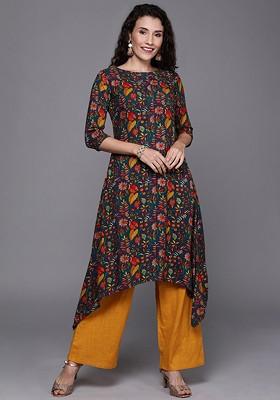 Teal Printed Poly Blend Straight Kurta