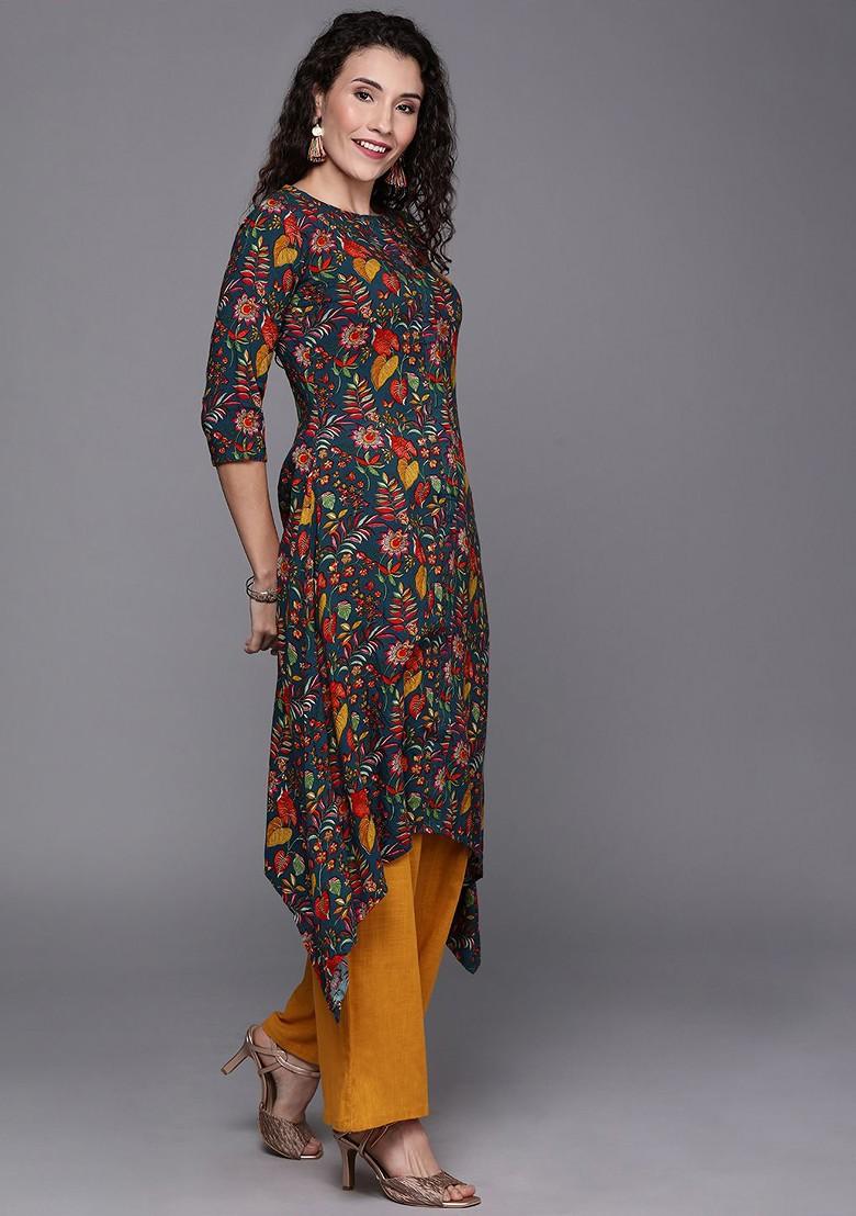 Teal Printed Poly Blend Straight Kurta