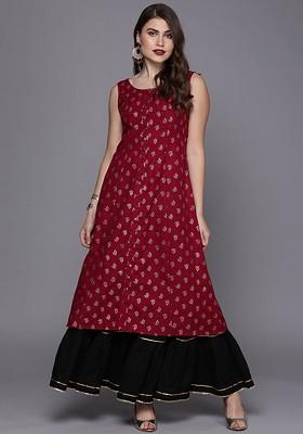 Maroon Printed Poly Blend A-Line Kurta