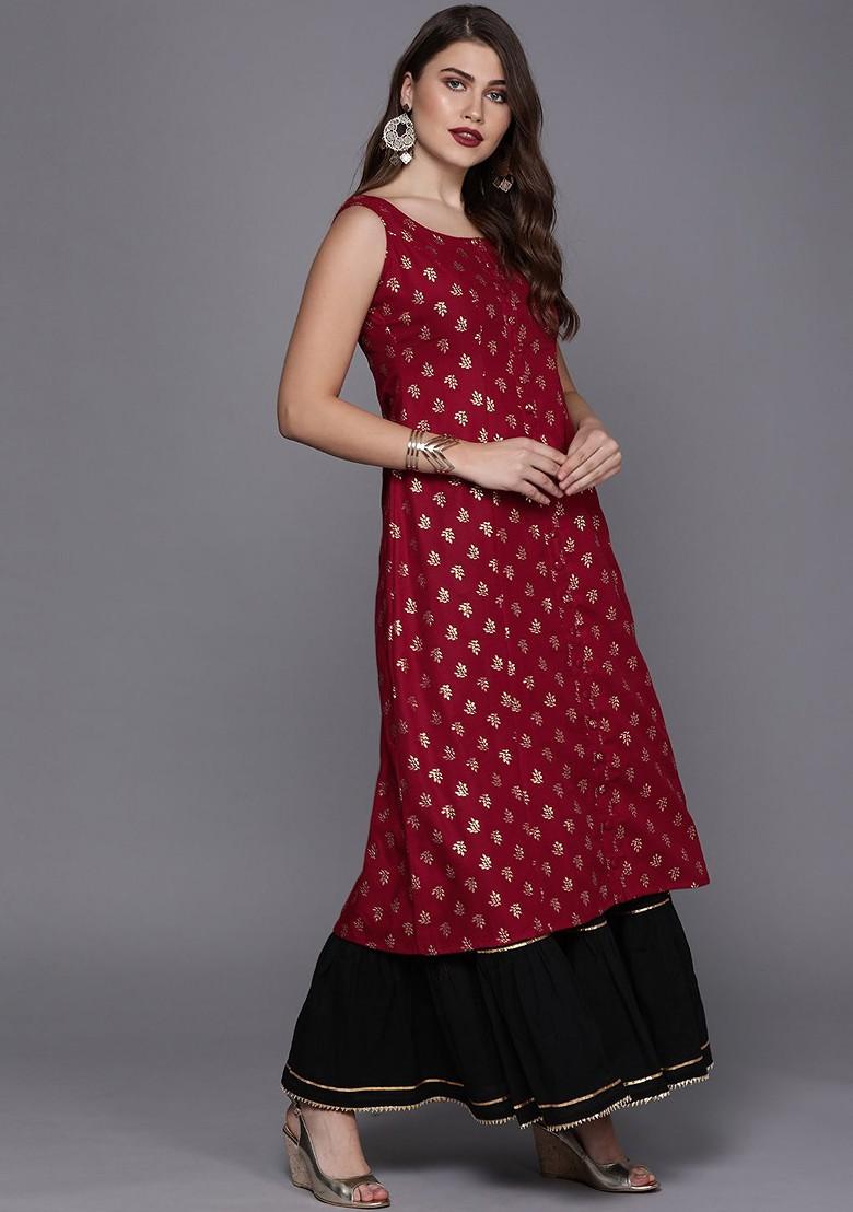 Maroon Printed Poly Blend A-Line Kurta