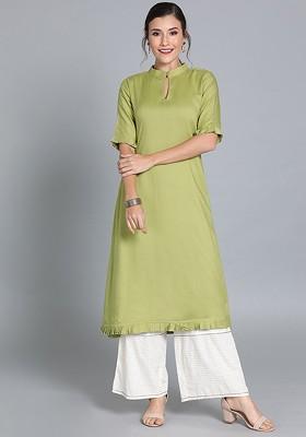 Green Solid Poly Blend A-Line Kurta